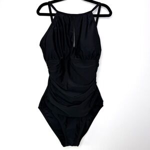 Ellen Tracy Women's Size 8 Black One-Piece Swimsuit High Neck Keyhole Ruched NWT